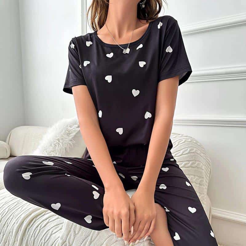 2PC HEART PRINTED BLACK NIGHT SUIT PAJAMA SET