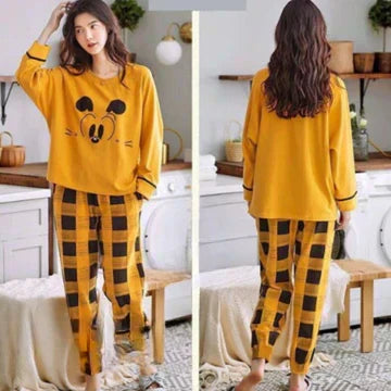 2PC MICKY FACE PRINTED YELLOW STYLE SUIT PAJAMA SET