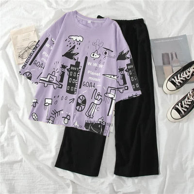 2PC PURPLE BLACK PRINTED NIGHT SUIT PAJAMA SET