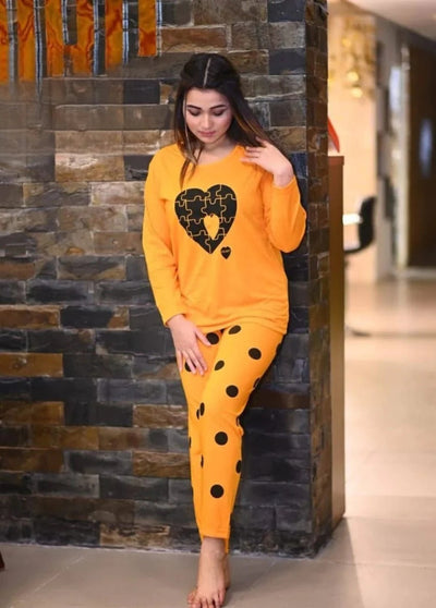 2PC STYLISH YELLLOW NIGHT SUIT HEART PRINTED PAJAMA SET